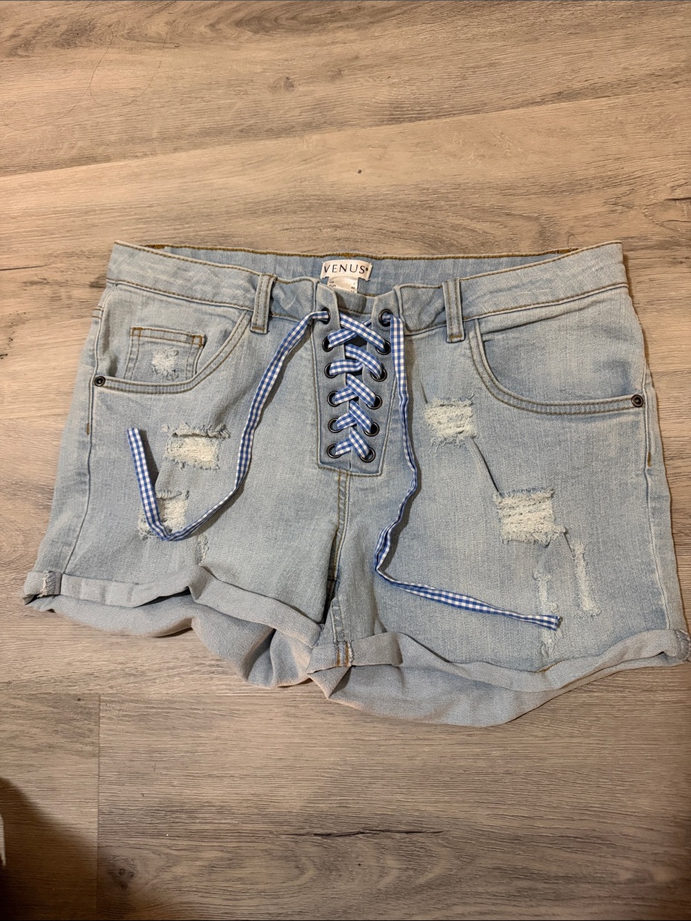 VENUS Light Wash Distressed Denim Shorts with Gingham Lace-Up